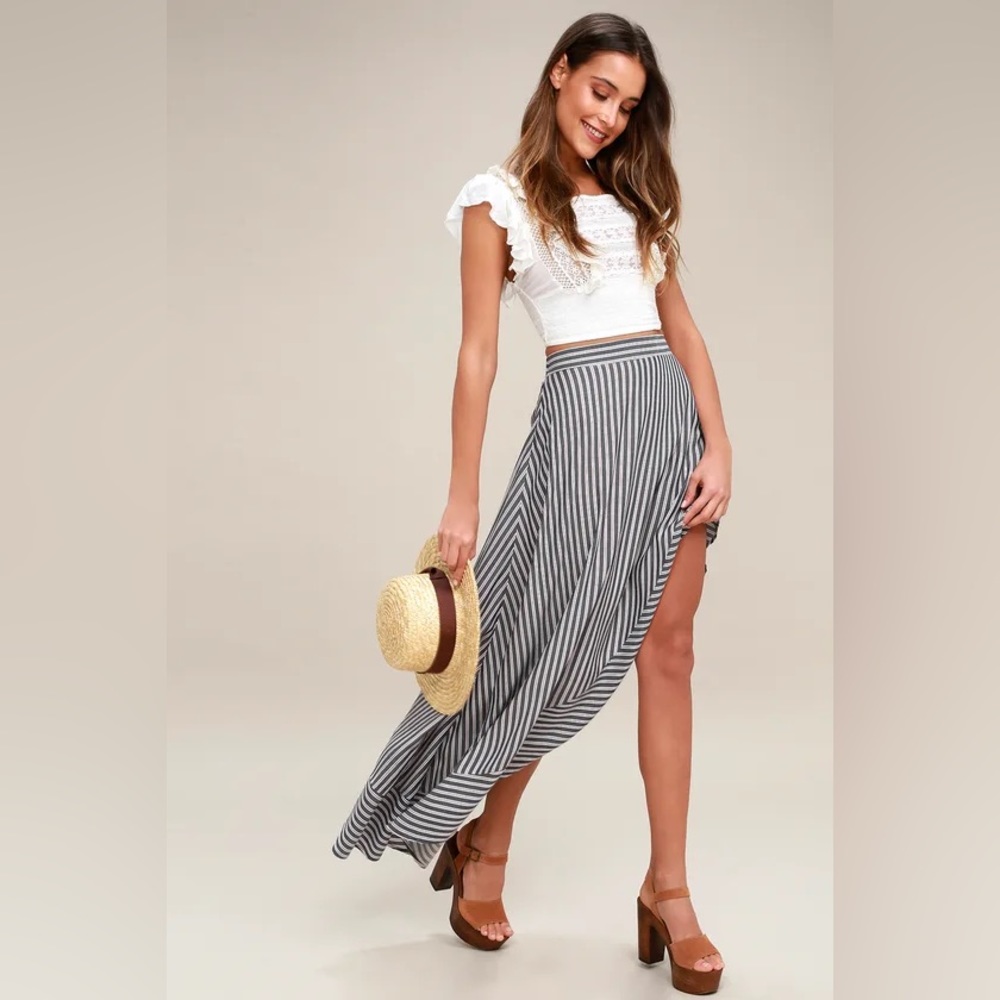 King Harbor Burgundy and Navy Blue Striped Maxi Skirt
